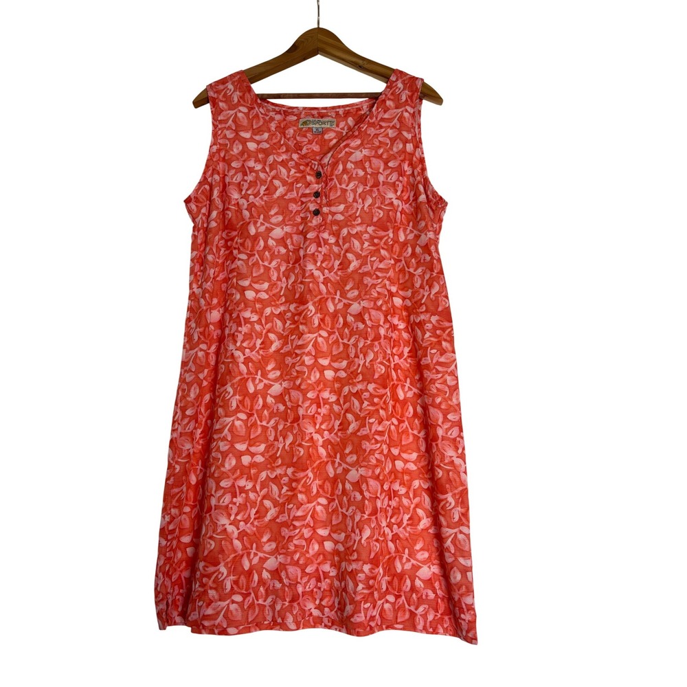 Vintage Sportif USA Coral Tropical Leaf Print Sleeveless Shift Dress XL Coastal